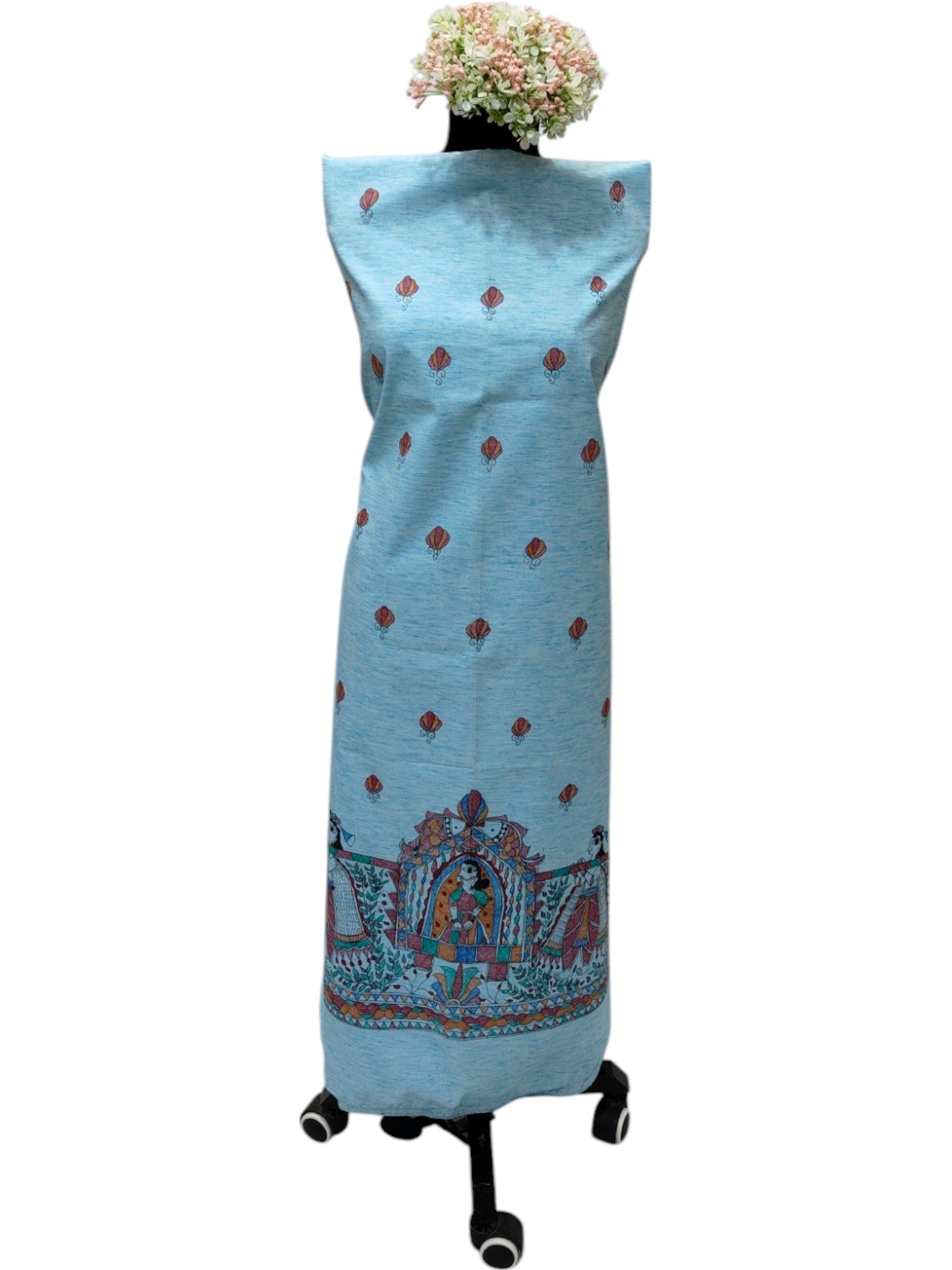 Hand-Painted Madhubani Unstitched Kurti on Cotton – Blue